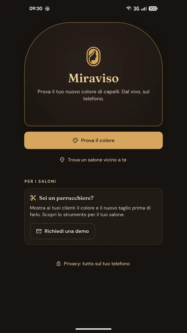 La schermata iniziale di Miraviso Colore: Prova il colore, Trova un salone vicino a te e la nota Privacy: tutto sul tuo telefono