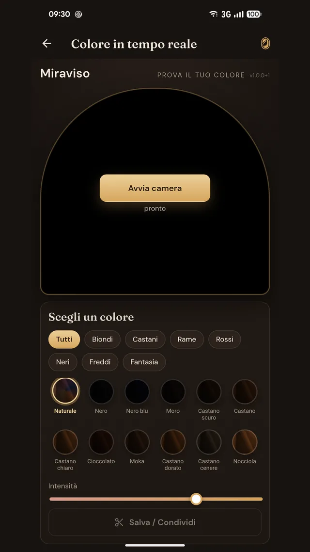 La schermata della prova colore: lo specchio con Avvia camera, le famiglie di tinte da Biondi a Fantasia, il cursore dell'intensità