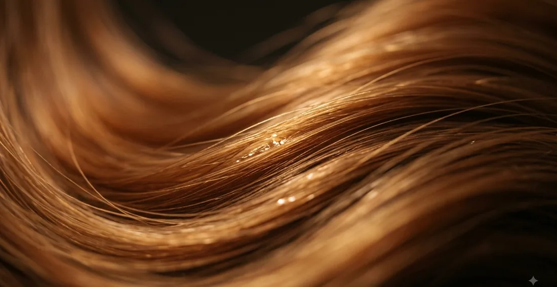 Dettaglio ravvicinato di capelli illuminati da luce calda durante la prova colore in salone