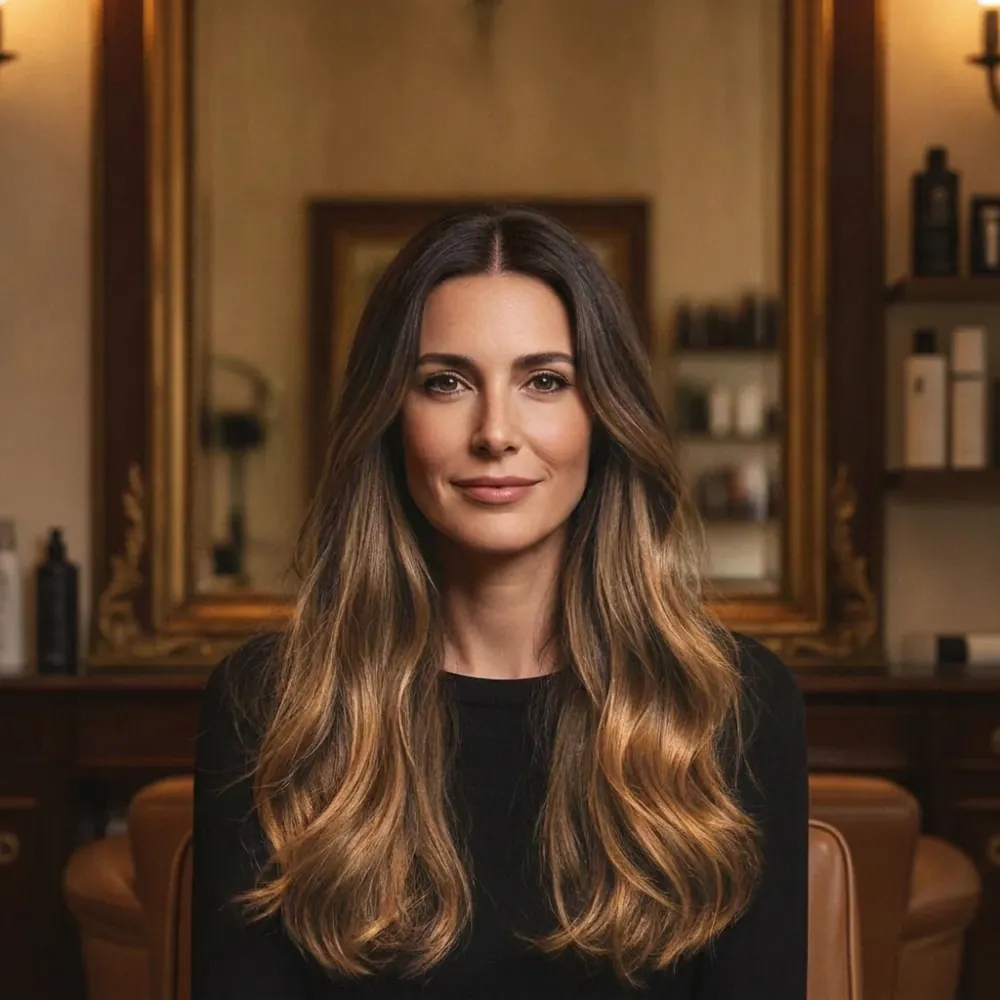 La stessa modella con un balayage biondo miele: look generato dalla consulenza IA
