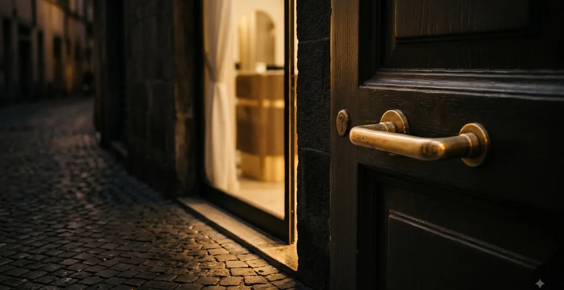 Ingresso di un salone al crepuscolo, luce calda che esce dalla porta