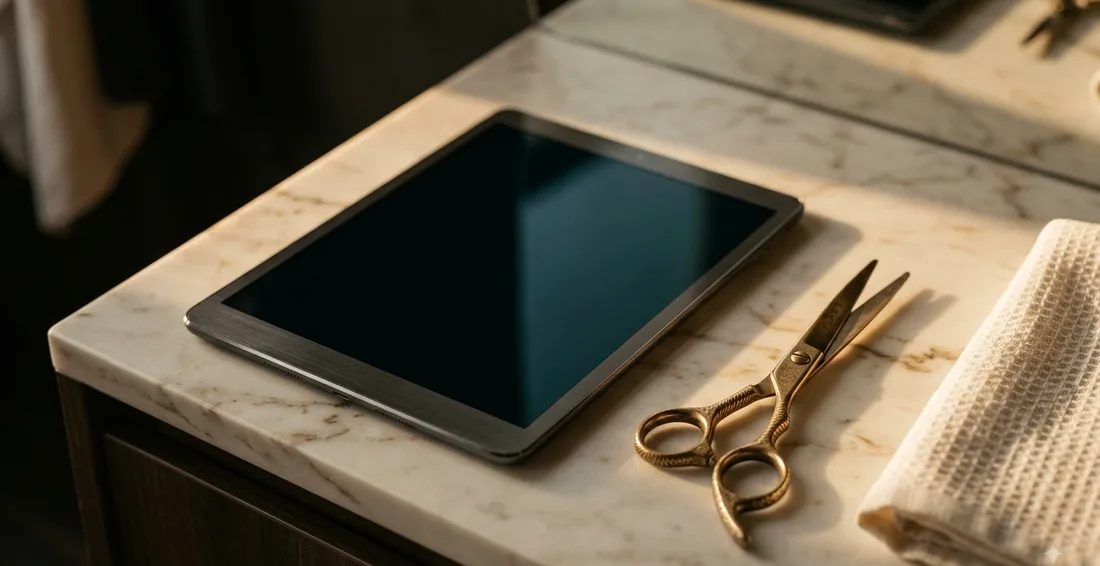 Tablet appoggiato sul bancone di un salone accanto a forbici e asciugamano, pronto per l'anteprima del taglio